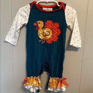 Turkey Appliqué Kids Bodysuit - Teal and White